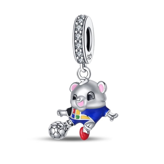 Teddy Bear Kicking Ball Charm, Beaded Bracelet Charm, Fit for 3mm-4.5mm Bracelets