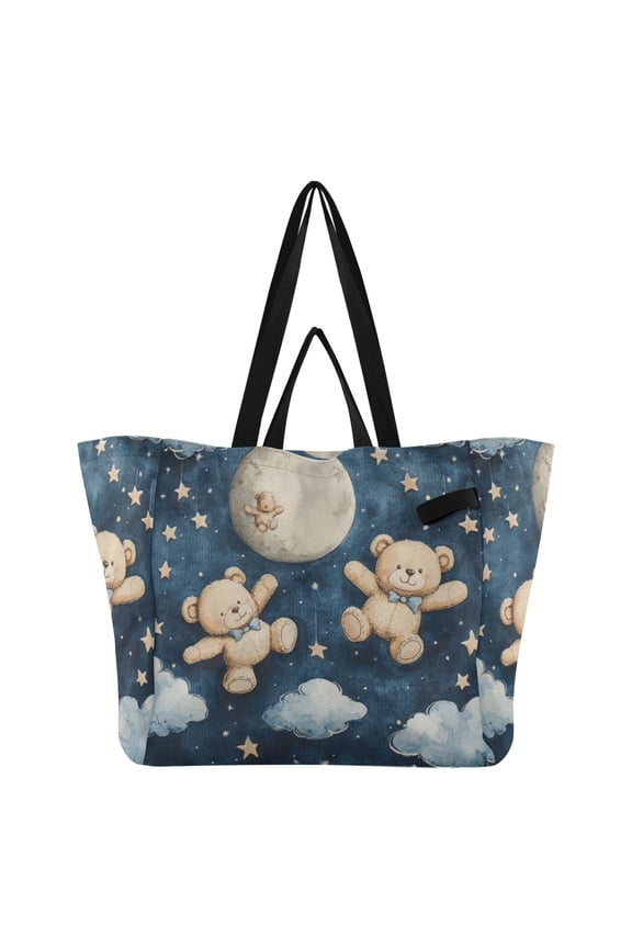 Teddy Bear Night Sky Pattern Canvas Tote Bag Large Capacity Reusable Tote with Double Handles, Foldable Heavy Duty Shopping Beach Laundry Bag, 32L