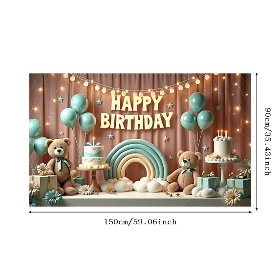 Teddy Bear Party Decoration Happy Birthday Banner Balloon Cake Decor for Kids Celebration Indoor Event