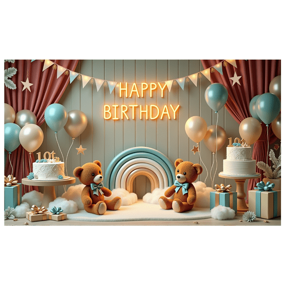 Teddy Bear Party Decoration Happy Birthday Banner Balloon Cake Decor for Kids Celebration Indoor Event