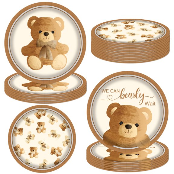Teddy Bear Party Plates 48Pcs Brown Bear Theme Dinnerware for Baby Shower Birthday Decor