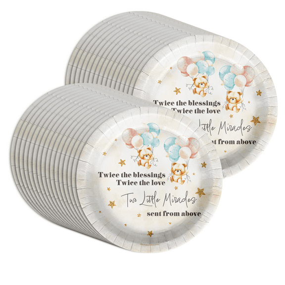 Teddy Bear Party Supplies - Twin Baby Shower Large 9" Plates In Bulk 32 Piece