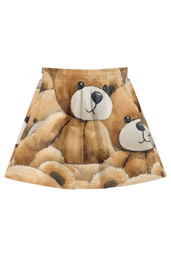 Teddy Bear Pattern Cotton Skirt Built-in Liner Elastic A-Line Flared Skirt with Pockets