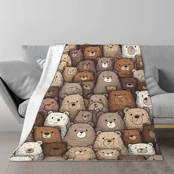 Teddy Bear Pattern Throw Blanket, Cartoon Doodle Design, Soft Flannel Fleece, Cozy Home Accent 50x40