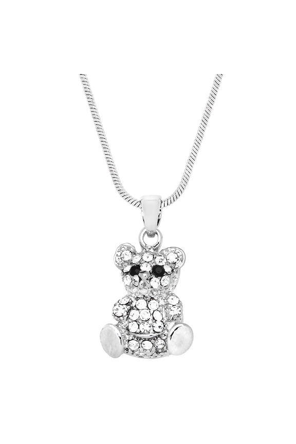 Teddy Bear Pendant Necklace Clear Rhinestone Crystal Rhodium Plated 17 Inch Snake Chain J0250-CR
