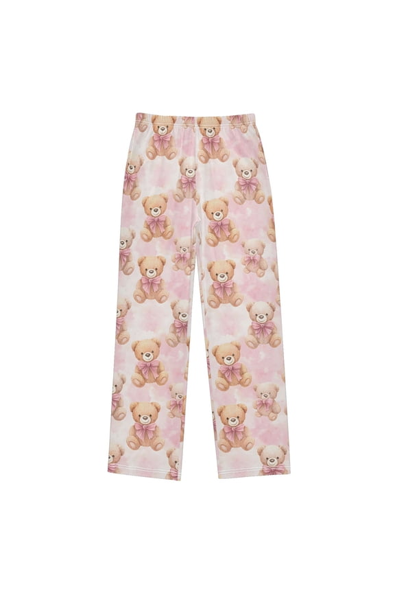 Teddy Bear Pink and White Camouflage Christmas Pajama Pants Soft and Lightweight Elastic Waistband Christmas Pajama Pants