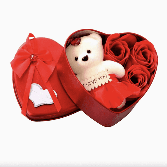 Teddy Bear Plush Heart Gift Set with Rose Artificial Flowers, Red