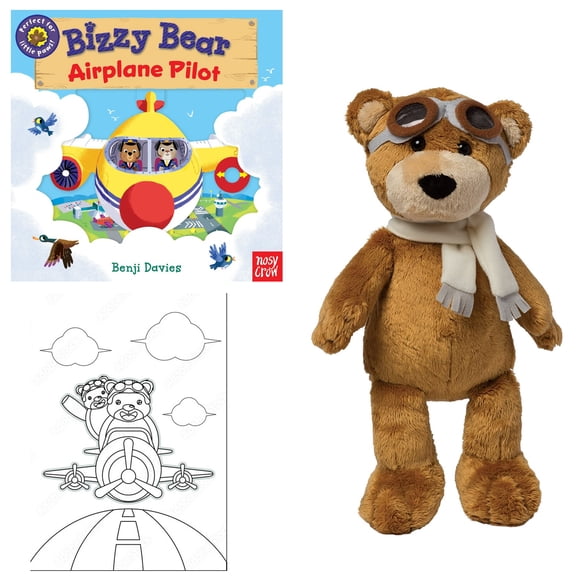 Teddy Bear Plush Toy Gift Set Includes Bizzy Bear Airplane Pilot Board Book by Benji Davies and Aviator Bear Stuffed Animal with Soft Goggles and Scarf Plus Exclusive Coloring Page