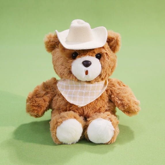 Teddy Bear Plush Toy Stuffed Animal with White Cowboy Hat and Orange Plaid Bandana for Adventure Themed Birthday Party Gift, 6 Inch