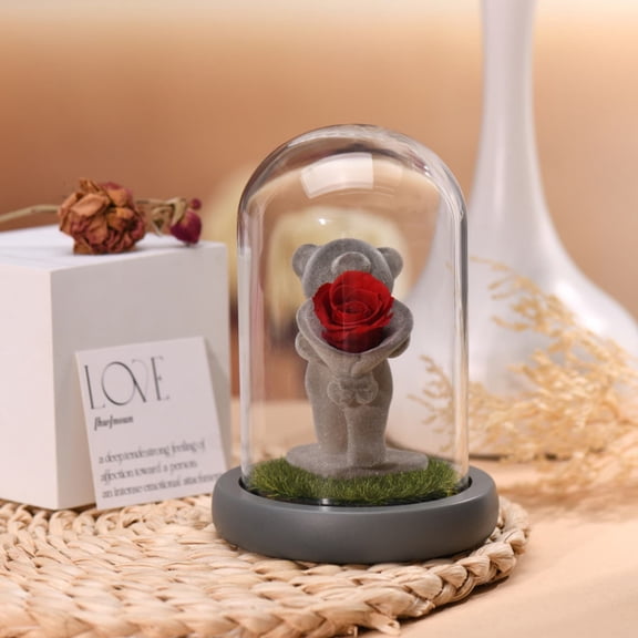 Teddy Bear Preserved Rose Light-Up Glass Dome | LED Eternal Flower Ornament | Romantic Gift for Valentine’s Day, Anniversary, Birthday | 8.7" Tall