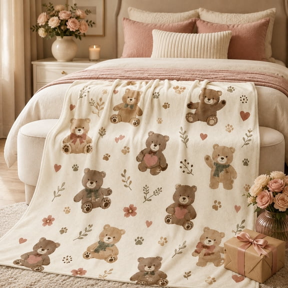 Teddy Bear Print Flannel Blanket with Hearts, Bows and Paw Details, Cozy Neutral Throw for Couch Bed Lounge Chair and Relaxed Evenings at Home, 30 x 40 in