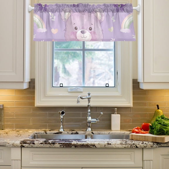 Teddy Bear with Rainbows Flowers Curtain Valances Farmhouse Design Window Treatment Decor Blackout Rod Pocket for Windows Living Room Kitchen 54" x 18"