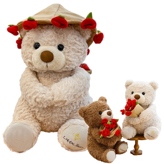 Teddy Bear with Rose Bouquet, 11.8" Soft Plush Teddy Bear with Magnetic Hands Hugging Roses, Romantic Gift for Valentine's Day, Anniversary, Birthday, Wedding
