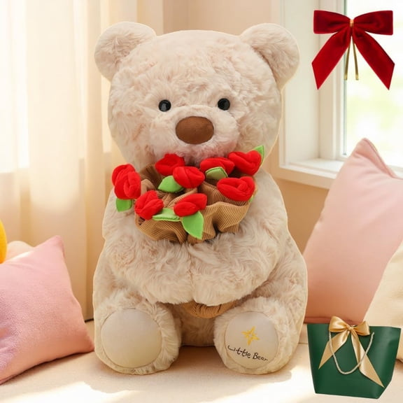 Teddy Bear with Rose Bouquet,2026 New Teddy Bear with Bouquet, Bloom Bear Plush Toy with Red Rose, Romantic Stuffed Animal with a Cute Bouquet of Flowers for Girlfriend/Mom