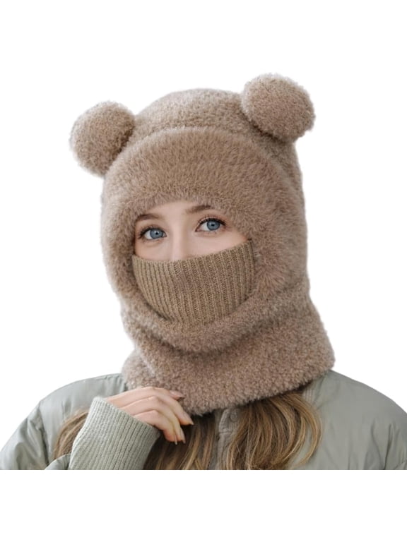 Teddy Bear Ski Mask, Knitted Hood Hat with Ears, Teddy Bear Mask Beanie, 3-in-1 Winter Hat, Soft Cozy Plush Lining Warm Hat for 2027 Winter Daily & Outdoor