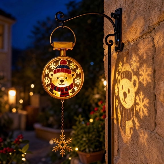 Teddy Bear & Snowflake Solar Christmas Projection Hanging Lantern, Gold LED Holiday Light with Wall Shadow Effect for Porch, Patio, Entryway and Winter Decor