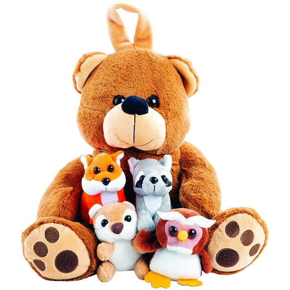 Teddy Bear Plush Play Set Soft With Sound Large Carrier 4 Mini Plush Animals 5 Pack