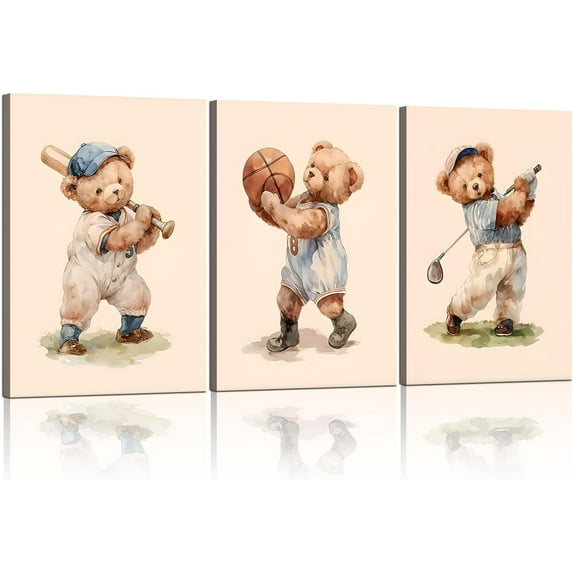 Teddy Bear Sports Nursery Animal Wall Hieng Cute Woodland Rugby Wall Decor Pictures Vintage Basketball Baseball Kids Room Canvas Poster Prints for Boys Room Bedroom Decorations