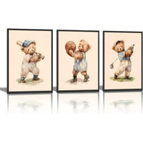 Teddy Bear Sports Nursery Animal Wall Hieng Cute Woodland Rugby Wall Decor Pictures Vintage Basketball Baseball Kids Room Canvas Poster Prints for Boys Room Bedroom Decorations