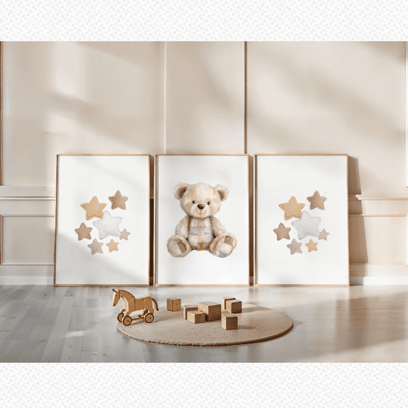 Teddy Bear Star Nursery Baby Poster Set 3 Prints Set 3 , Poster Only