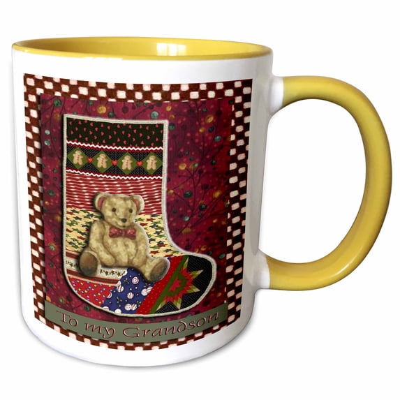 3drose, Teddy Bear Stocking to My Grandson Red, 15oz Two-tone Yellow Mug