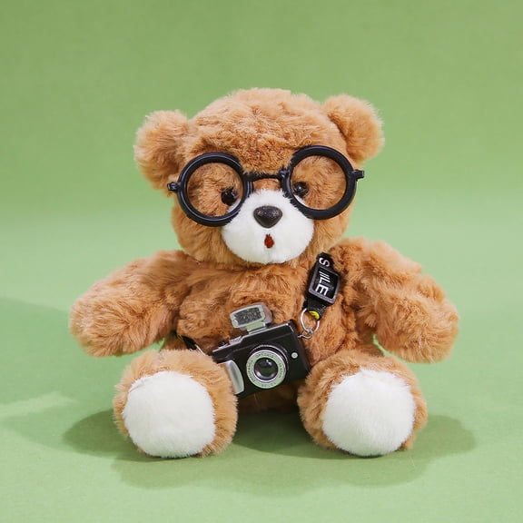 Teddy Bear Stuffed Animal Plush Toy with Black Frame Glasses and Camera Accessory for Photographer Creative Birthday Gift, 6 Inch