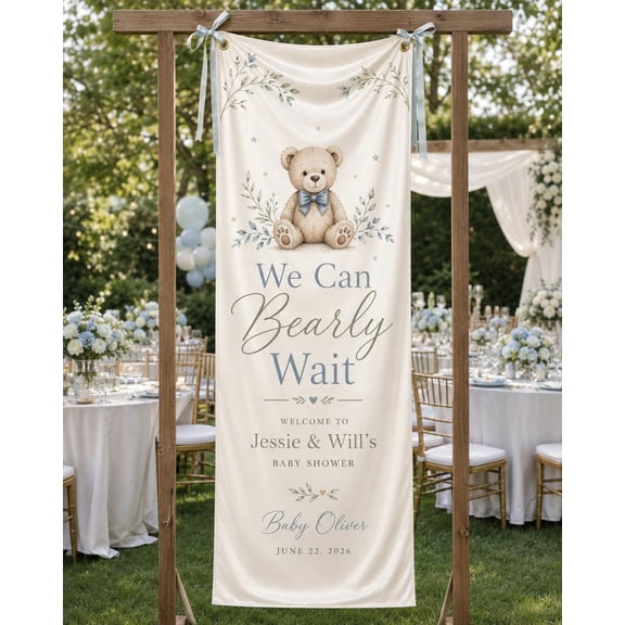 Teddy Bear Theme Fabric Banner, Personalized Welcome Sign, Custom Blue Party Backdrop, Event Decor