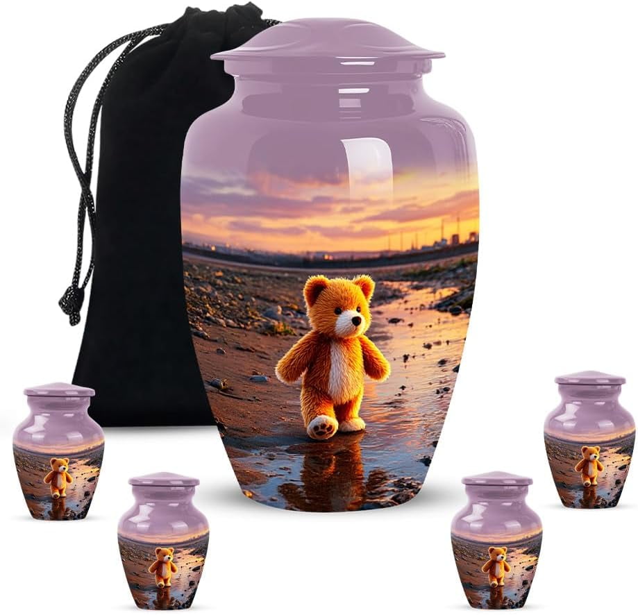 Teddy Bear Urn, Cremation Urns for Human Ashes Adult Male, Small Keepsake Urn for Ashes for Women, Teddy Bear Large & Small Human Ash Urns (Size 10 Inch + 3 Inch, Set of 5)