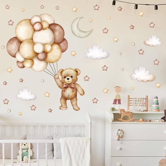 Teddy Bear Wall Decals - Cartoon Bear Air Balloon Star Moon Cloud Wall Stickers for Kids Room Girls and Boys Bedroom Baby Room Nursery Decoration (Bear Cartoon Animal Wall Decal)