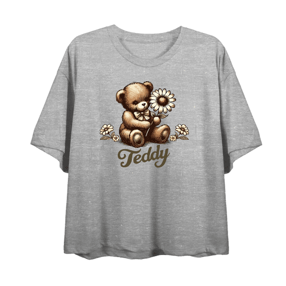 Teddy Bear With Daisy Women's Heather Gray Crew Neck Short Sleeve Crop Tee-Medium
