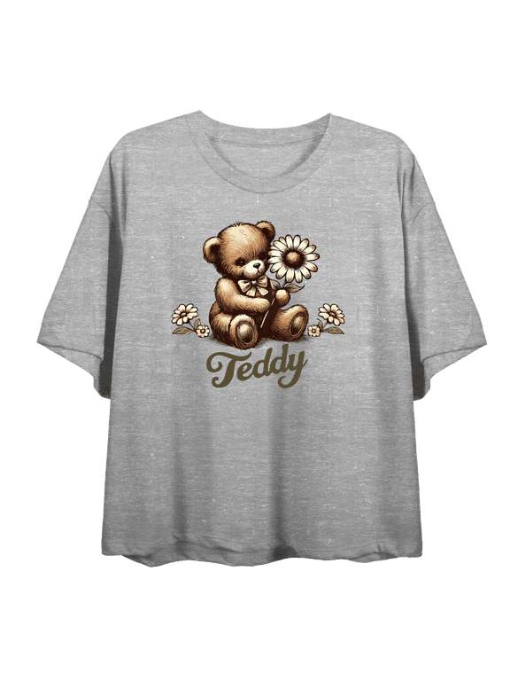 Teddy Bear With Daisy Women's Heather Gray Crew Neck Short Sleeve Crop Tee-XL