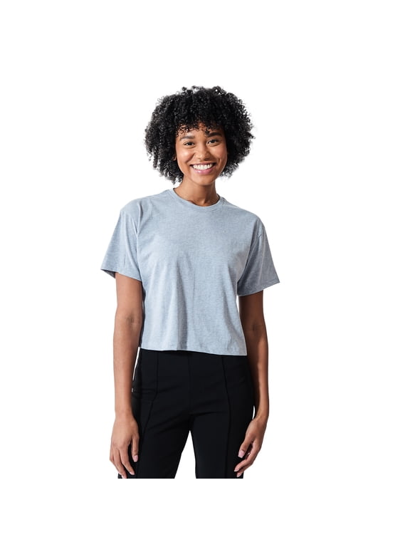 Teddy Bear With Daisy Women's Heather Gray Crew Neck Short Sleeve Crop Tee-XS