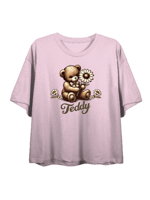 Teddy Bear With Daisy Women's Pink Crew Neck Short Sleeve Crop Tee-Small