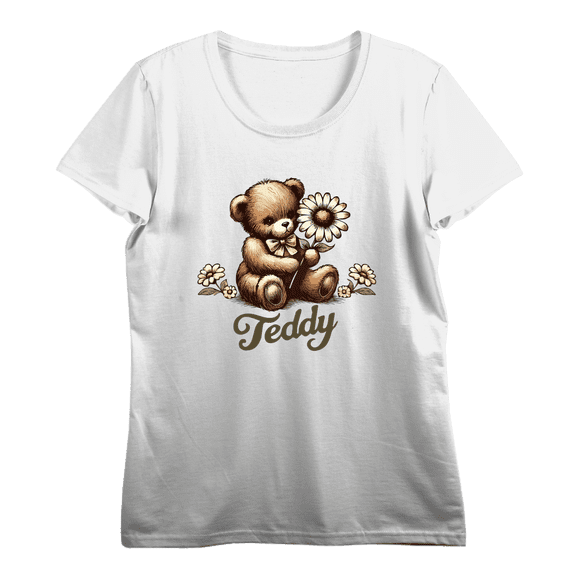 Teddy Bear With Daisy Women's Vivid White Crew Neck Short Sleeve Crop Tee-XS