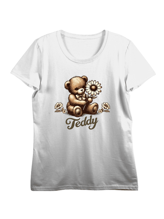Teddy Bear With Daisy Women's Vivid White Crew Neck Short Sleeve Crop Tee-XS