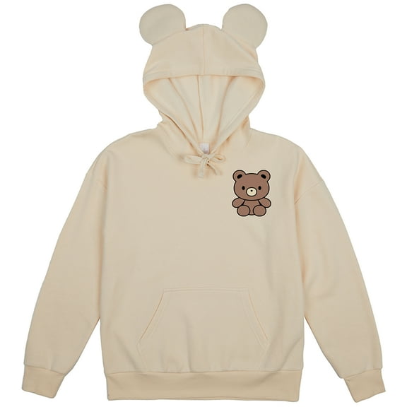 Teddy Bear Women's Beige Long Sleeve Hooded Sweatshirt With 3D Ears-Small