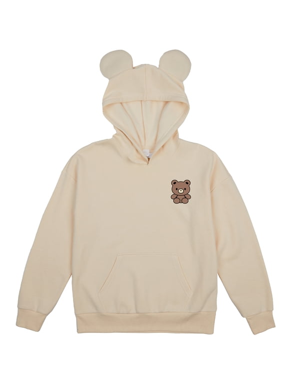 Teddy Bear Youth Off-White Long Sleeve Hooded Sweatshirt With 3D Ears-Large