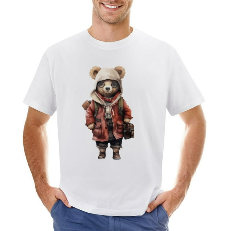 Teddy Bear in A Sweater And Pants with A Pouch Men s Graphic T shirt Vintage Short Sleeve Sport Tee White 3XL