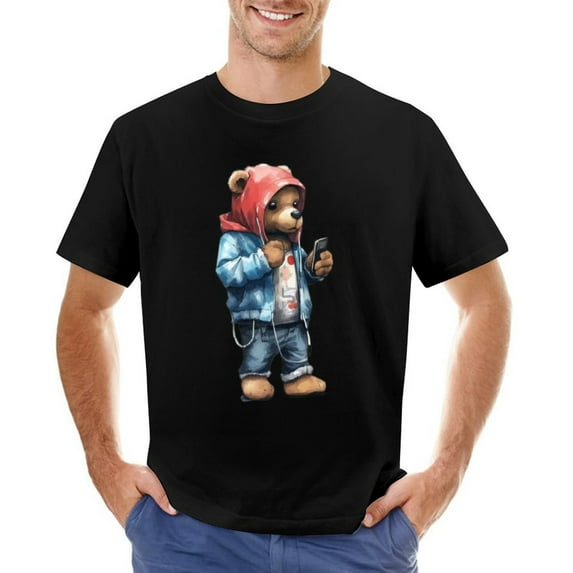 Teddy Bear in Vintage Style And Holding iphone in Hip Hop Aesthetic Style Men’s Graphic T-shirt Vintage Short Sleeve Sport Tee Black 2XL