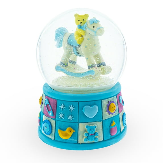 Teddy Bear on Rocking Horse Baby Boy Musical Water Snow Globe