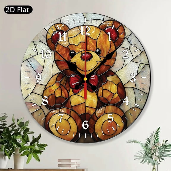 Teddy Bear with Bow Painted Art Round Wall Clock, Baby Nursery Room Decor, Toddlers Kids Wall Hanging Home Decor