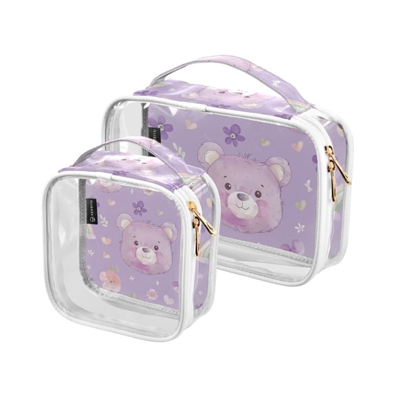 Teddy Bear with Rainbows Flowers Clear Cosmetic Bags with Handles PVC Toiletry Bags Zipper Waterproof Portable for Traveling 2 Pcs