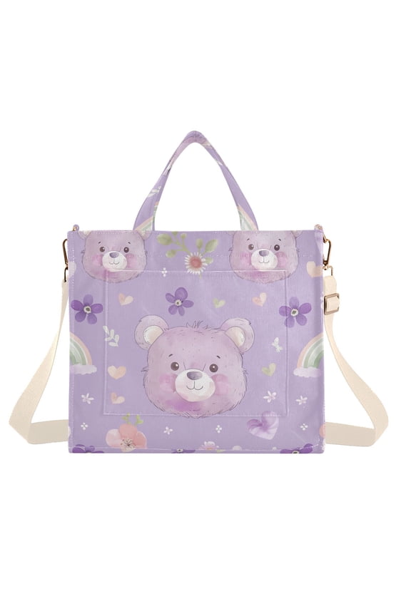 Teddy Bear with Rainbows Flowers Corduroy Tote Bag Handbag Large Messenger Bag Shoulder Crossbody Zipper Bag Purse