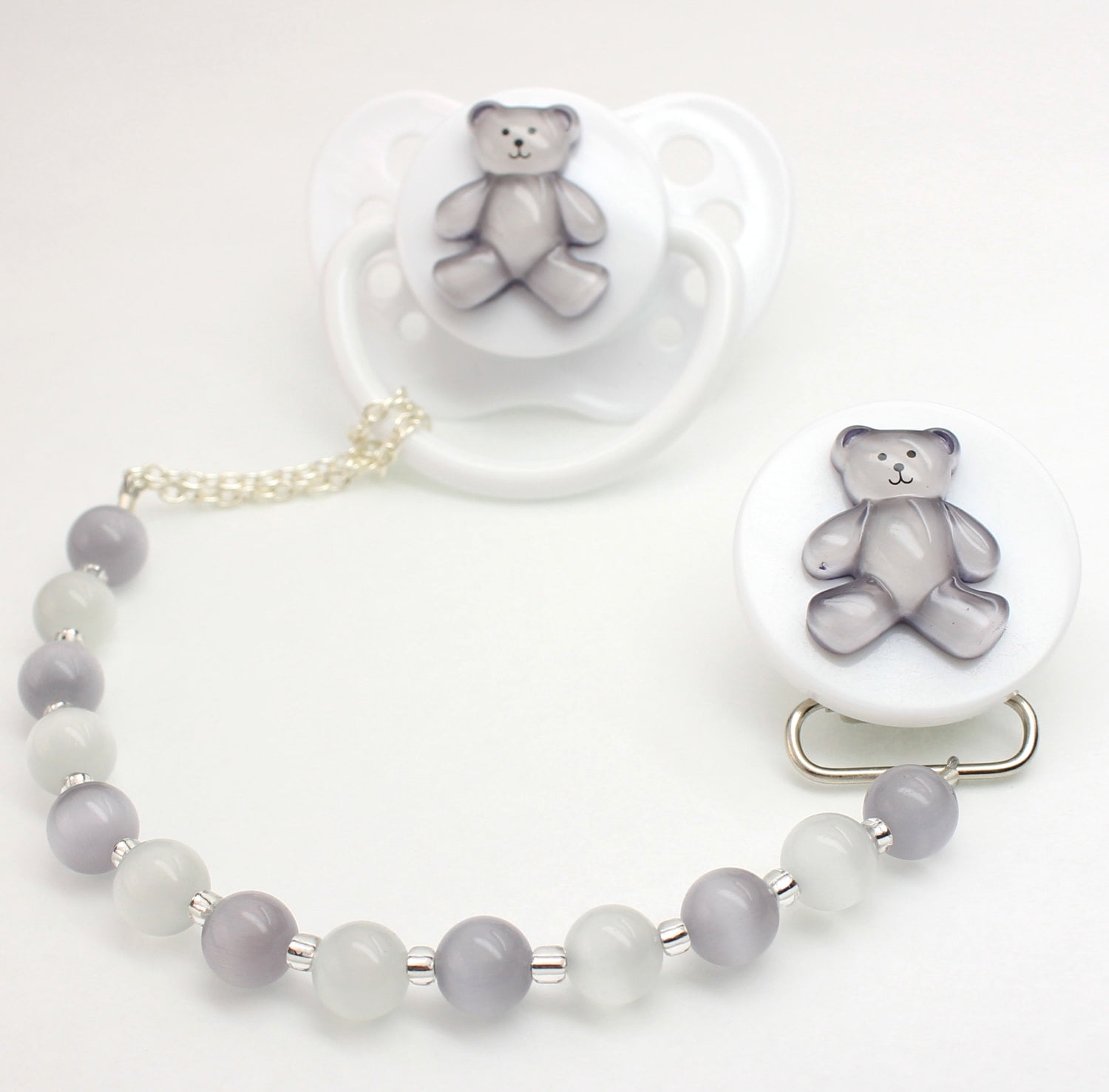 Teddy Bear with Simulated Pearls Pacifier Clip