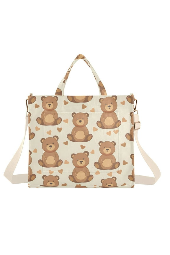 Teddy Bears Corduroy Tote Bag Handbag Large Messenger Bag Shoulder Crossbody Zipper Bag Purse