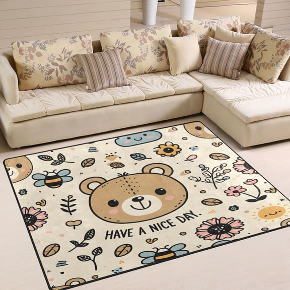 Teddy Bears Flowers Bees Area Rug Washable 80 x 58 Floor Carpet Mat Non Slip for Bedroom Living Room Home Decor