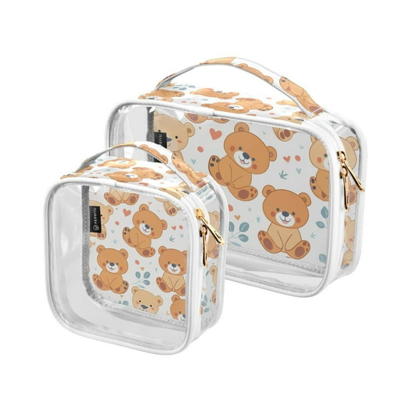 Teddy Bears Full Clear Cosmetic Bags with Handles PVC Toiletry Bags Zipper Waterproof Portable for Traveling 2 Pcs