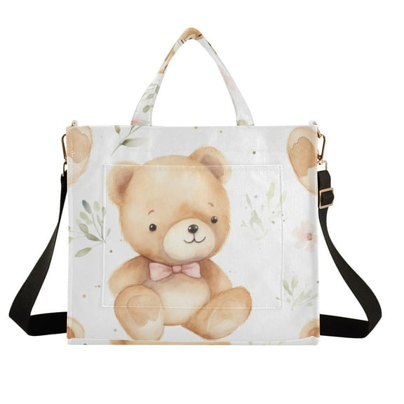 Teddy Bears Leaves Corduroy Tote Bag Handbag Large Messenger Bag Shoulder Crossbody Zipper Bag Purse