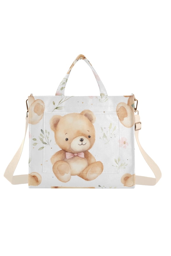 Teddy Bears Leaves Corduroy Tote Bag Handbag Large Messenger Bag Shoulder Crossbody Zipper Bag Purse