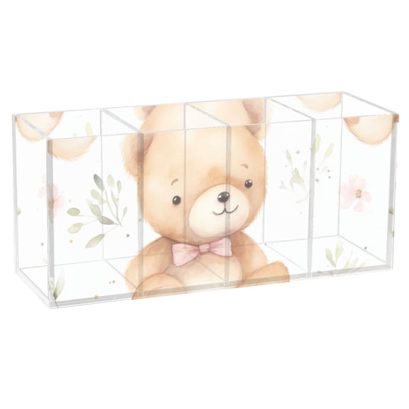 Teddy Bears Leaves Pencil Pen Cosmetic Holder Cup Makeup Brush Holder Desk Accessories Holder Acrylic Organizer for Office School Home